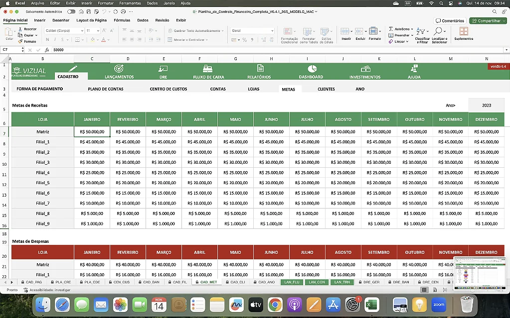 Planilha de controle de testes de criativos aberta no Excel